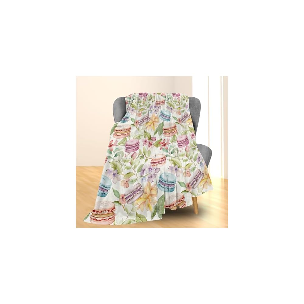 Macaron & Floral Blanket | Soft Fuzzy Warm Lightweight Flannel Throw Blanket Perfect for Couch, Bed, Travel & Outdoor Use, Cozy Blankets for Adults Kids Women 60×50 in