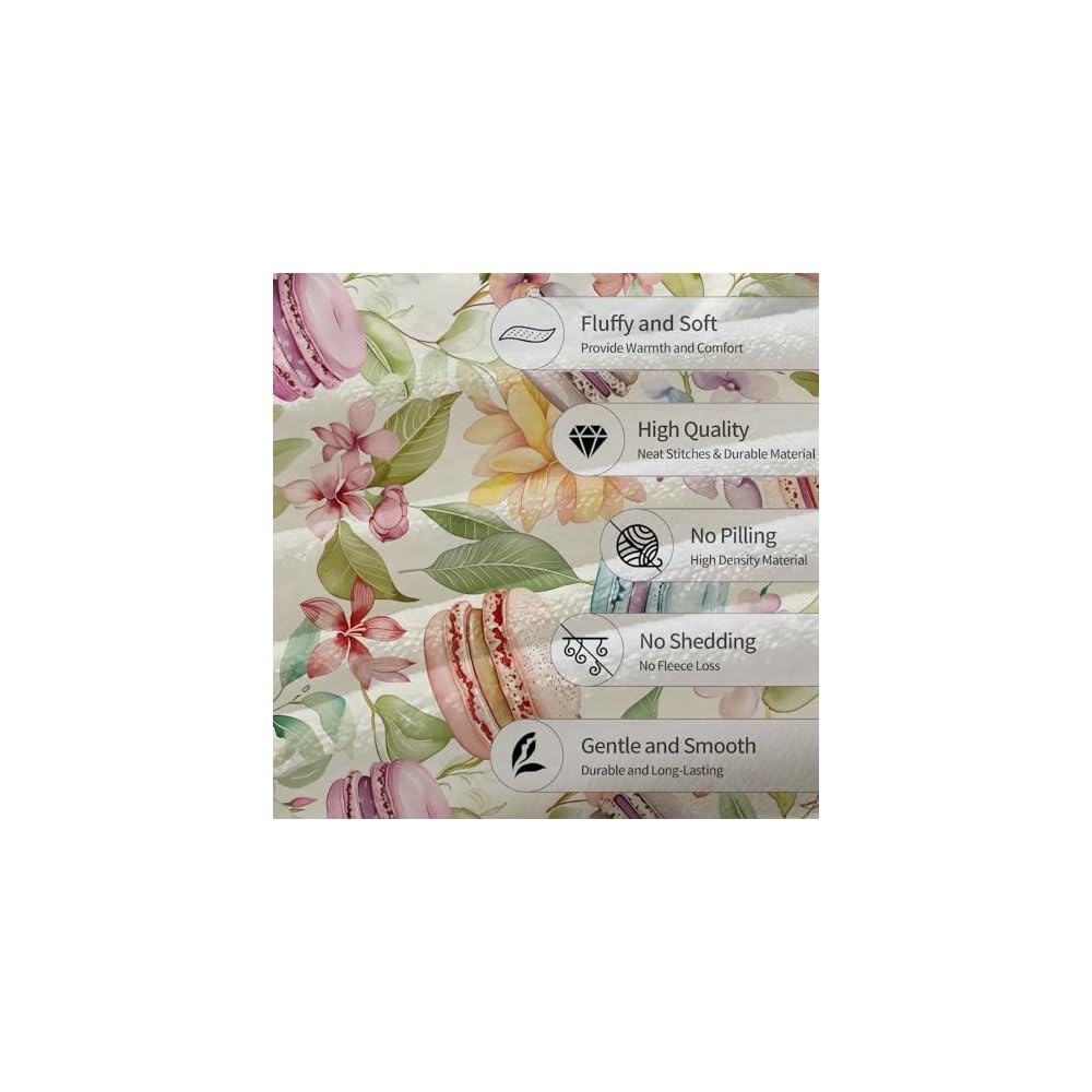 Macaron & Floral Blanket | Soft Fuzzy Warm Lightweight Flannel Throw Blanket Perfect for Couch, Bed, Travel & Outdoor Use, Cozy Blankets for Adults Kids Women 60×50 in