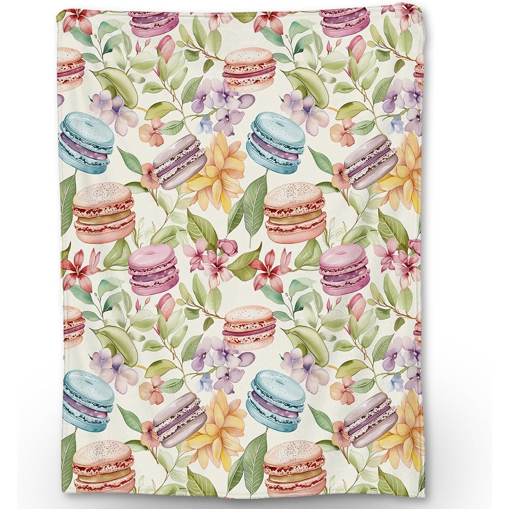 Macaron & Floral Blanket | Soft Fuzzy Warm Lightweight Flannel Throw Blanket Perfect for Couch, Bed, Travel & Outdoor Use, Cozy Blankets for Adults Kids Women 60×50 in